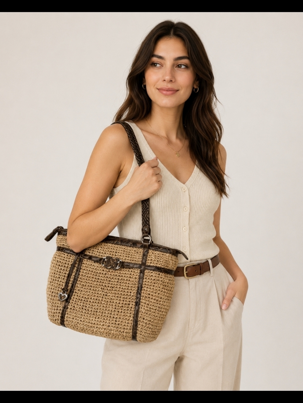 Brighton Woven Straw Tote Bag with Dark Brown Snake Trim